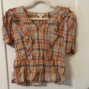 a.n.a Women's Plaid Ruffle Blouse - Orange and Brown